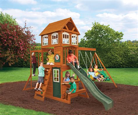 Pre-cut, pre-drilled and pre-stained lumber with factory applied, environmentally friendly stain. . Kid kraft swing sets